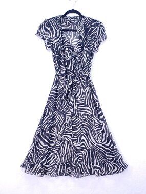 MSK Woman's Black Beige Zebra Print Ruffle Sheer Mid Dress Size 4 Party Evening